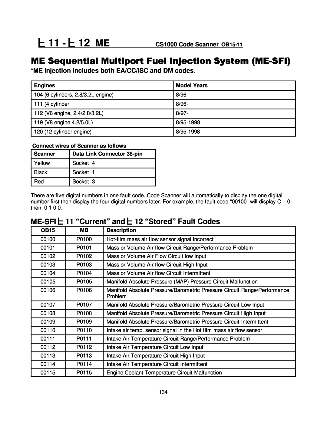 Mercedes-Benz manual #11 - 12 MECS1000 Code Scanner OB15-11$, Me-Sfi, 11 “Current” and, 12 “Stored” Fault Codes, Engines 