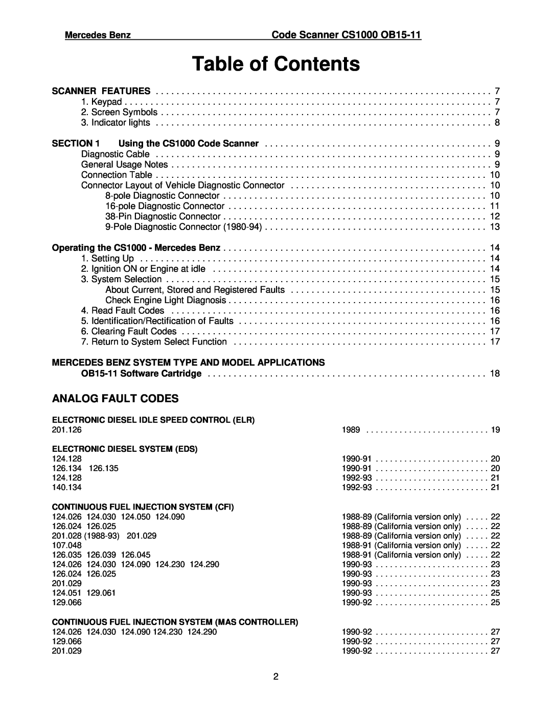 Mercedes-Benz manual Table of Contents, Analog Fault Codes, Code Scanner CS1000 OB15-11, Mercedes Benz 