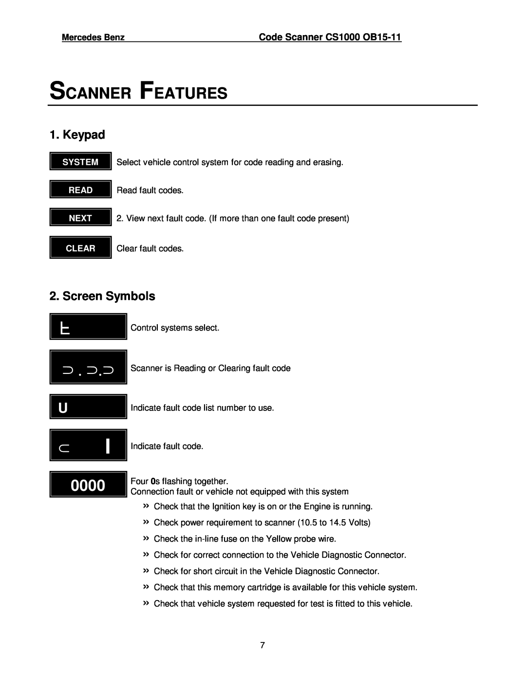 Mercedes-Benz Scanner Features, Keypad, Screen Symbols, 0000, Code Scanner CS1000 OB15-11, Mercedes Benz, System, Read 