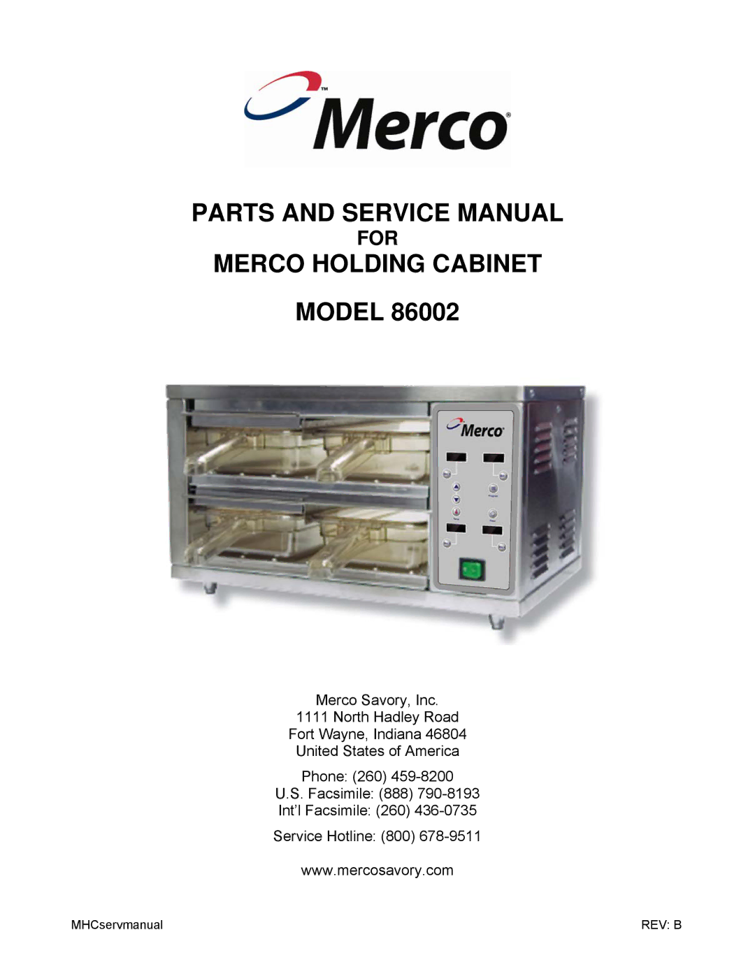 Merco Savory 86002 service manual Merco Holding Cabinet 