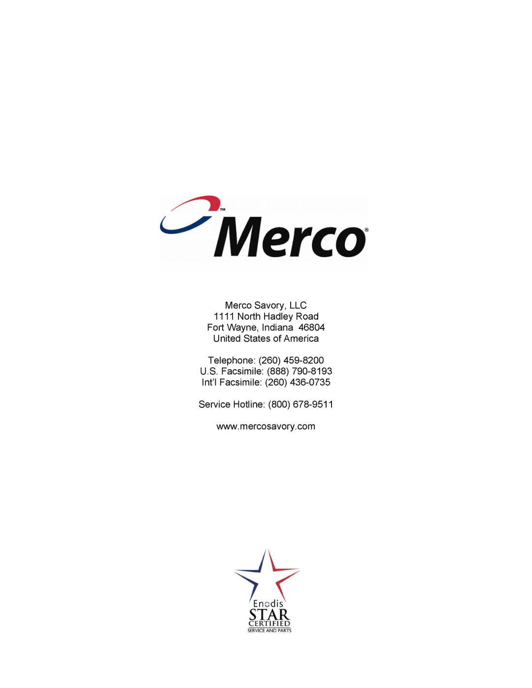 Merco Savory 86002 service manual 