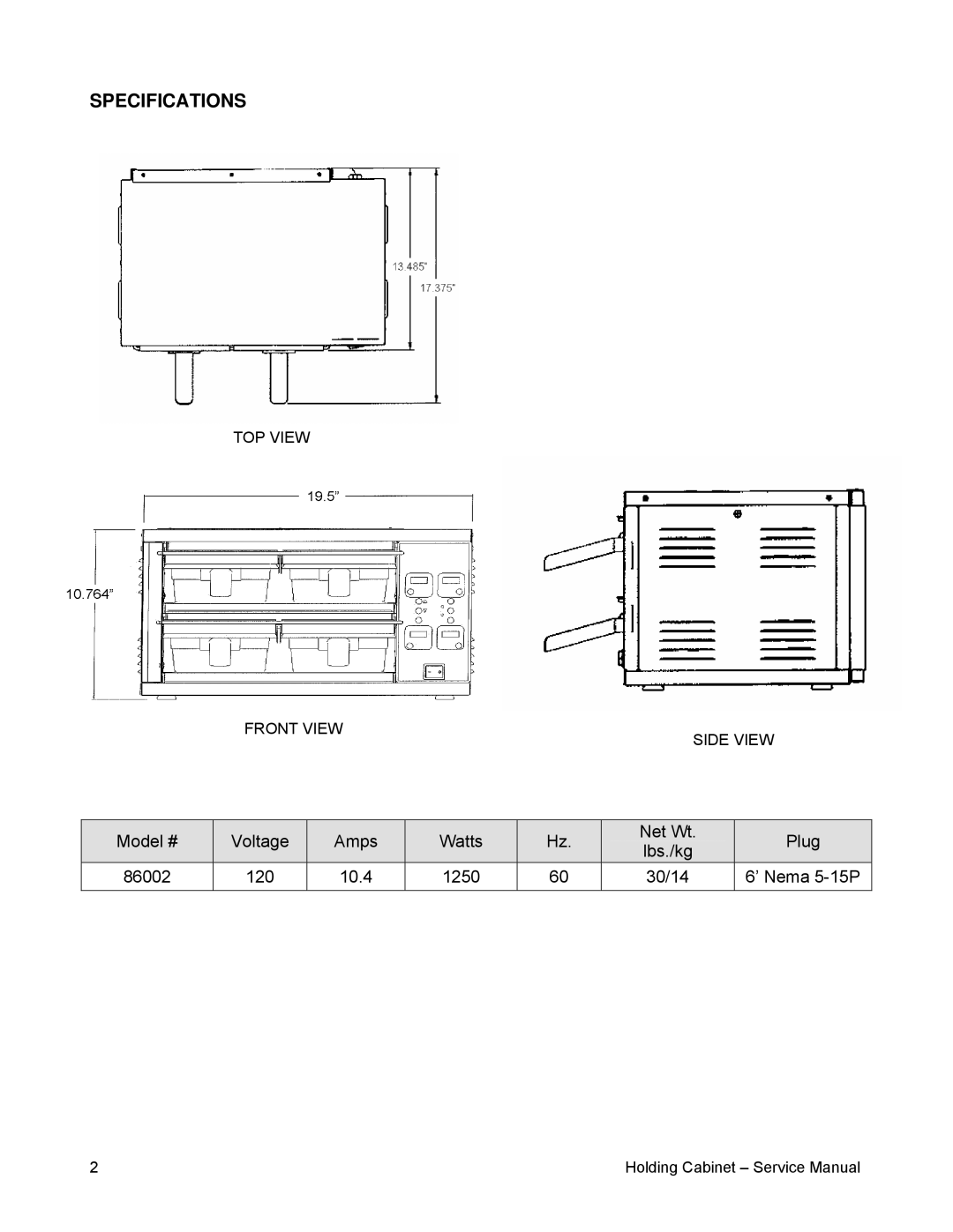 Merco Savory 86002 service manual Specifications 