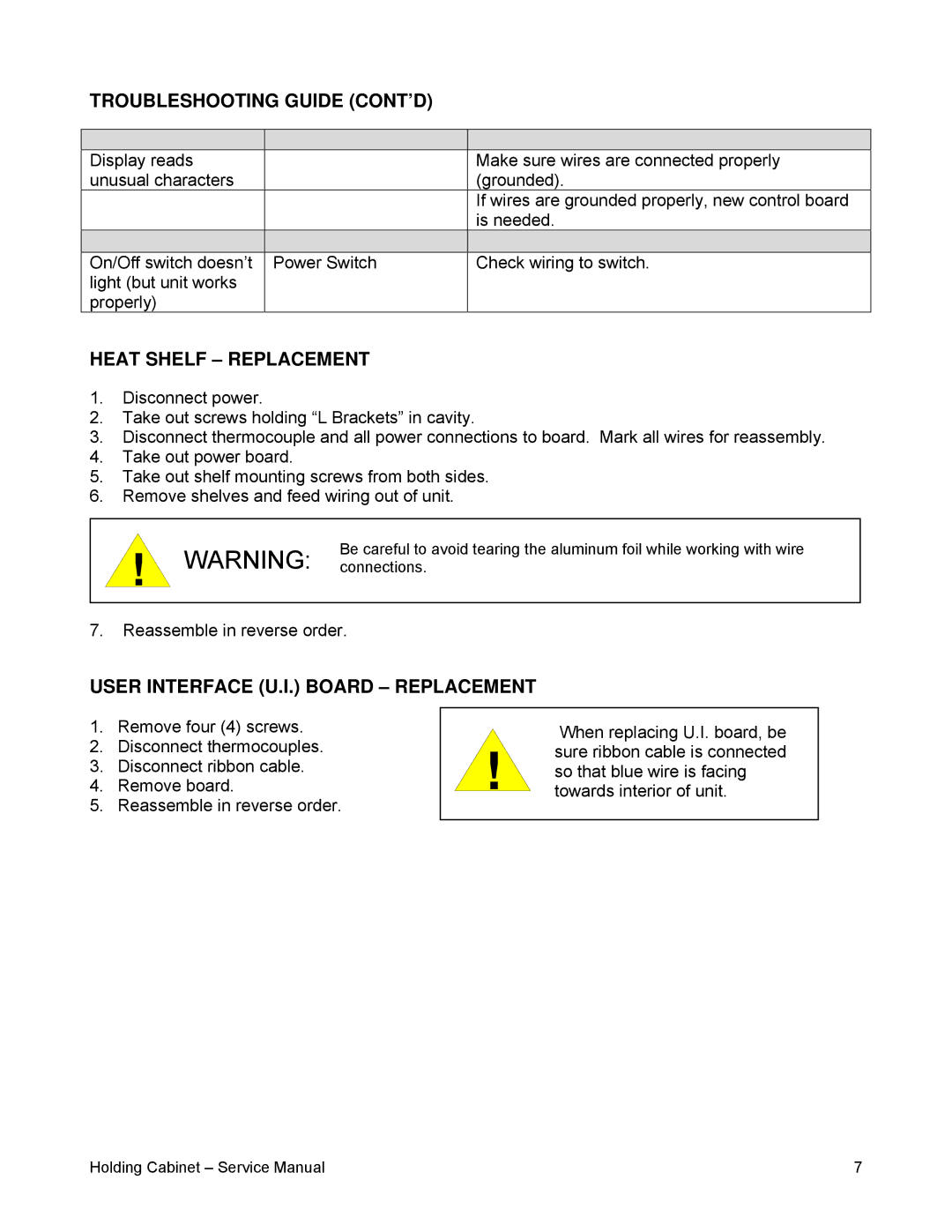 Merco Savory 86002 Troubleshooting Guide CONT’D, Heat Shelf Replacement, User Interface U.I. Board Replacement 