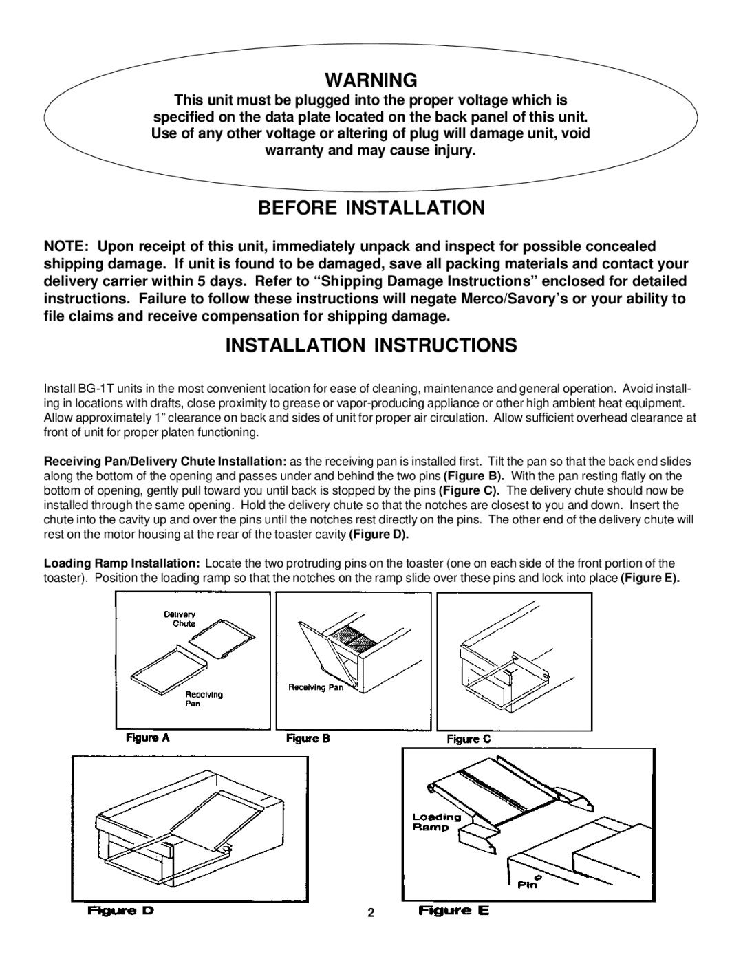 Merco Savory BG-1T operation manual Before Installation Installation Instructions 