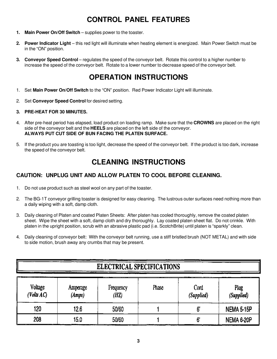 Merco Savory BG-1T operation manual Control Panel Features, Operation Instructions, Cleaning Instructions 