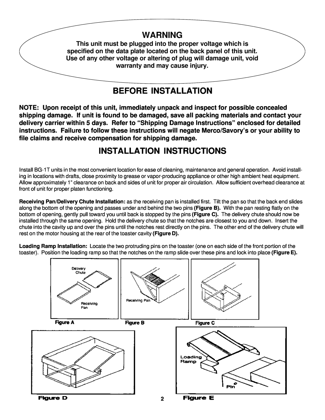Merco Savory BG-1T operation manual Before Installation, Installation Instructions 
