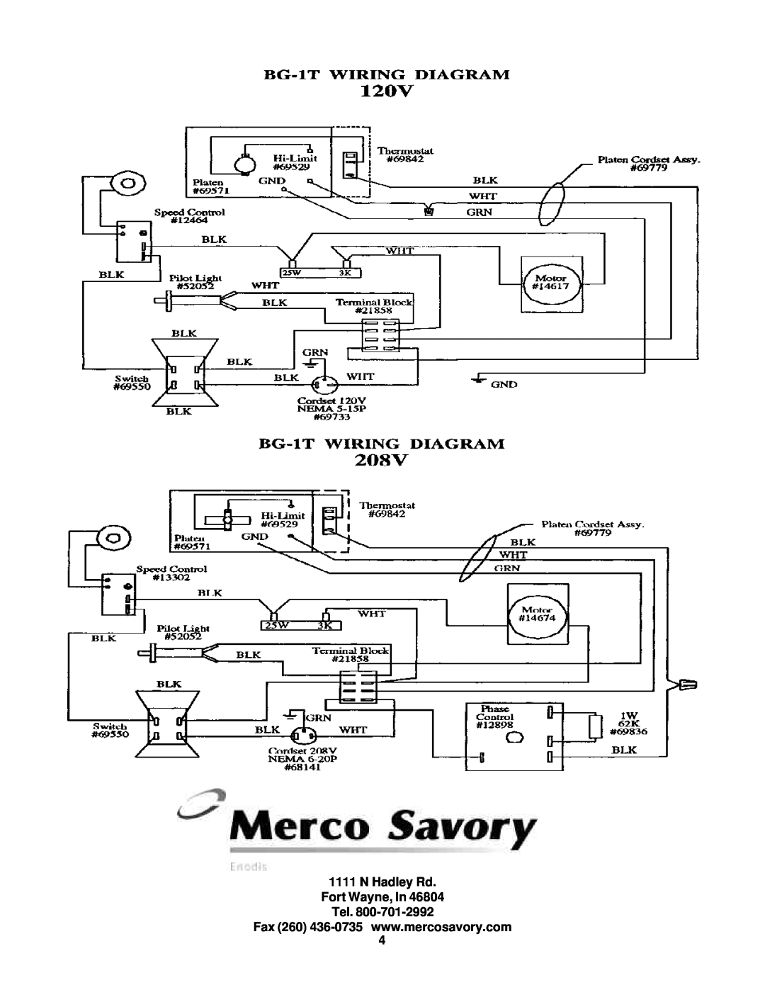 Merco Savory BG-1T operation manual N Hadley Rd Fort Wayne, In Tel 