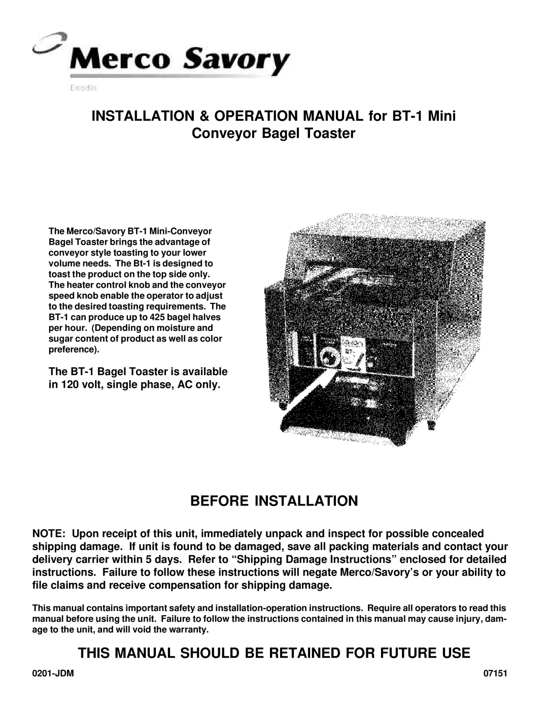 Merco Savory BT-1 operation manual Before Installation, This Manual should be Retained for Future USE 