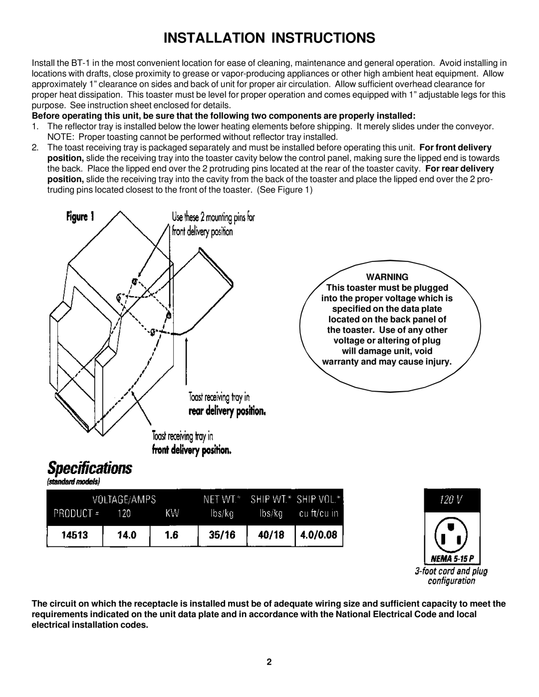 Merco Savory BT-1 operation manual Installation Instructions 