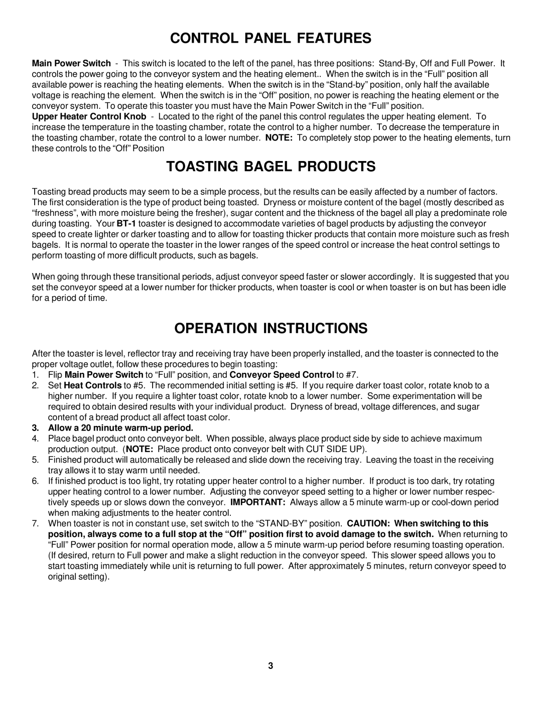 Merco Savory BT-1 operation manual Control Panel Features, Toasting Bagel Products, Operation Instructions 