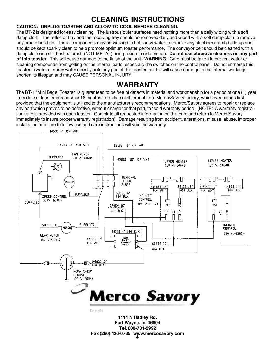 Merco Savory BT-1 operation manual Cleaning Instructions, Warranty 