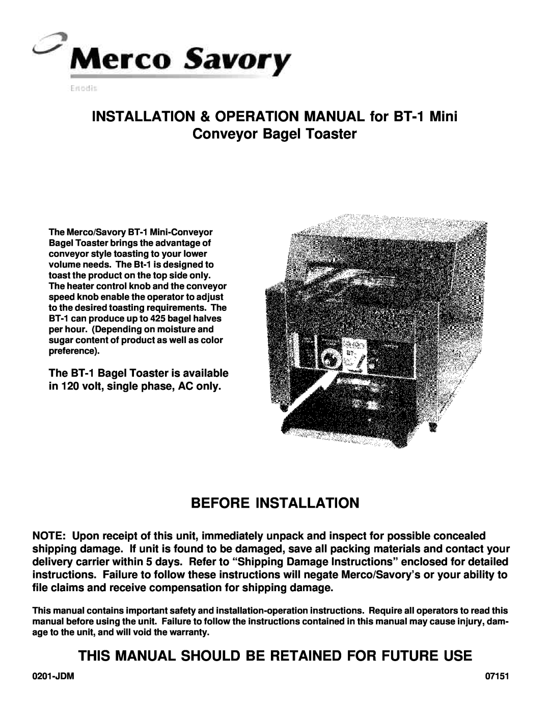 Merco Savory BT-1 operation manual Conveyor Bagel Toaster, Before Installation 