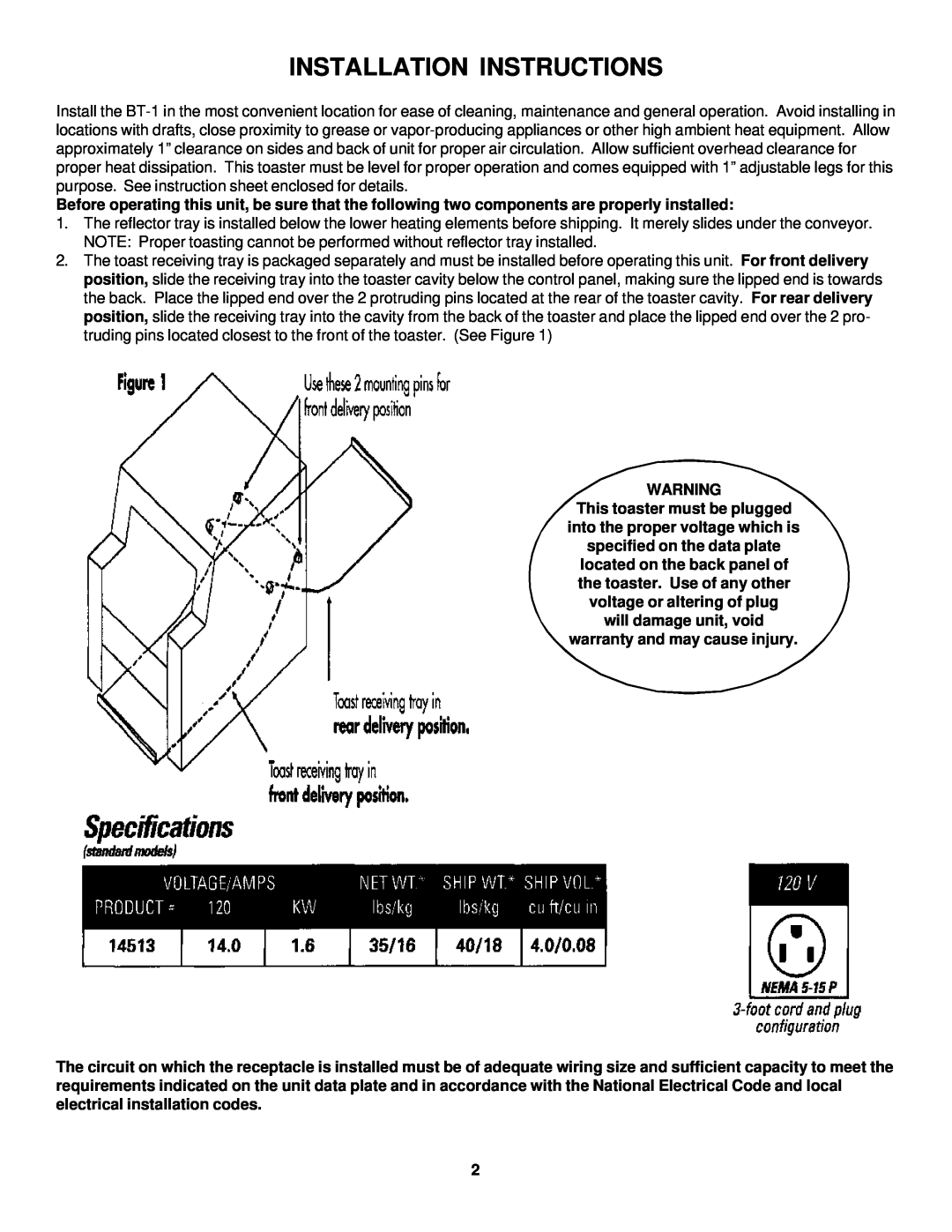 Merco Savory BT-1 operation manual Installation Instructions 