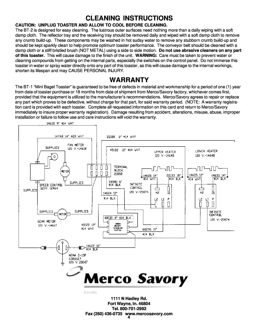 Merco Savory BT-1 operation manual Cleaning Instructions, Warranty, N Hadley Rd Fort Wayne, In. Tel 