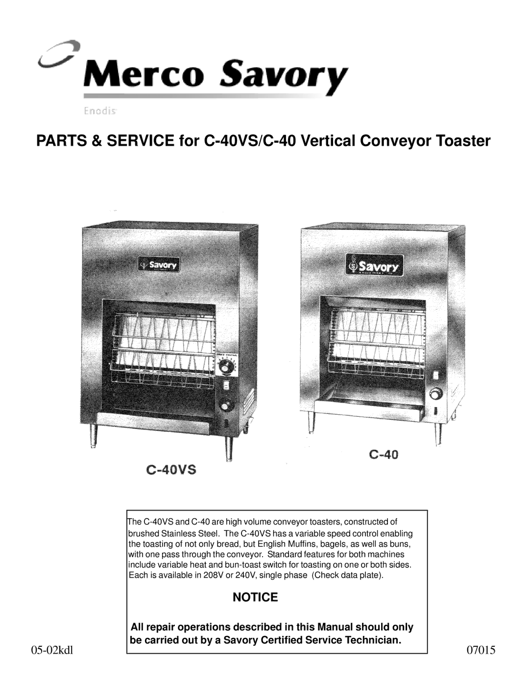 Merco Savory manual Parts & Service for C-40VS/C-40 Vertical Conveyor Toaster 