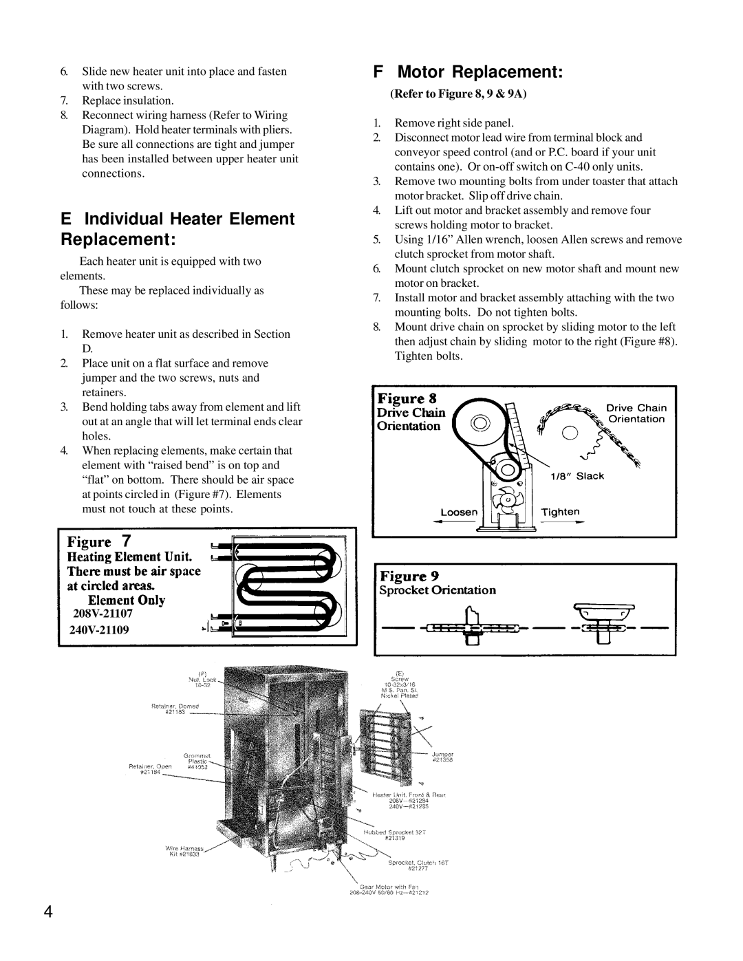 Merco Savory C-40 manual Individual Heater Element Replacement, Motor Replacement, 208V-21107 240V-21109, Refer to , 9 & 9A 