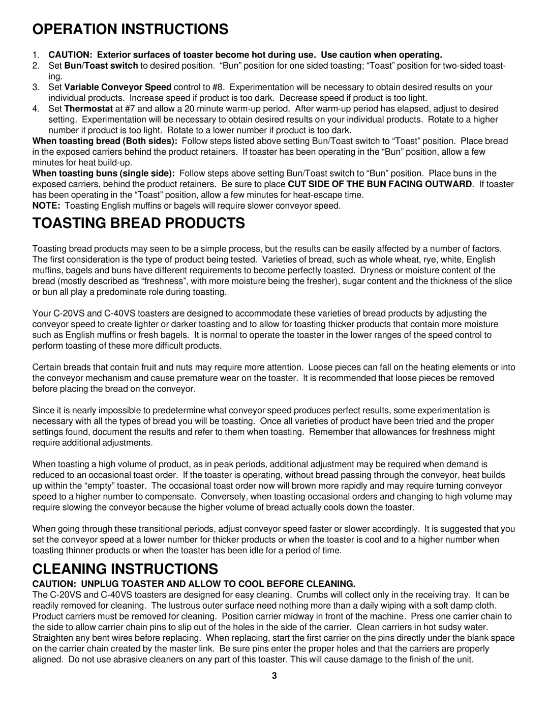 Merco Savory C-20VS, C-40VS operation manual Operation Instructions, Toasting Bread Products, Cleaning Instructions 