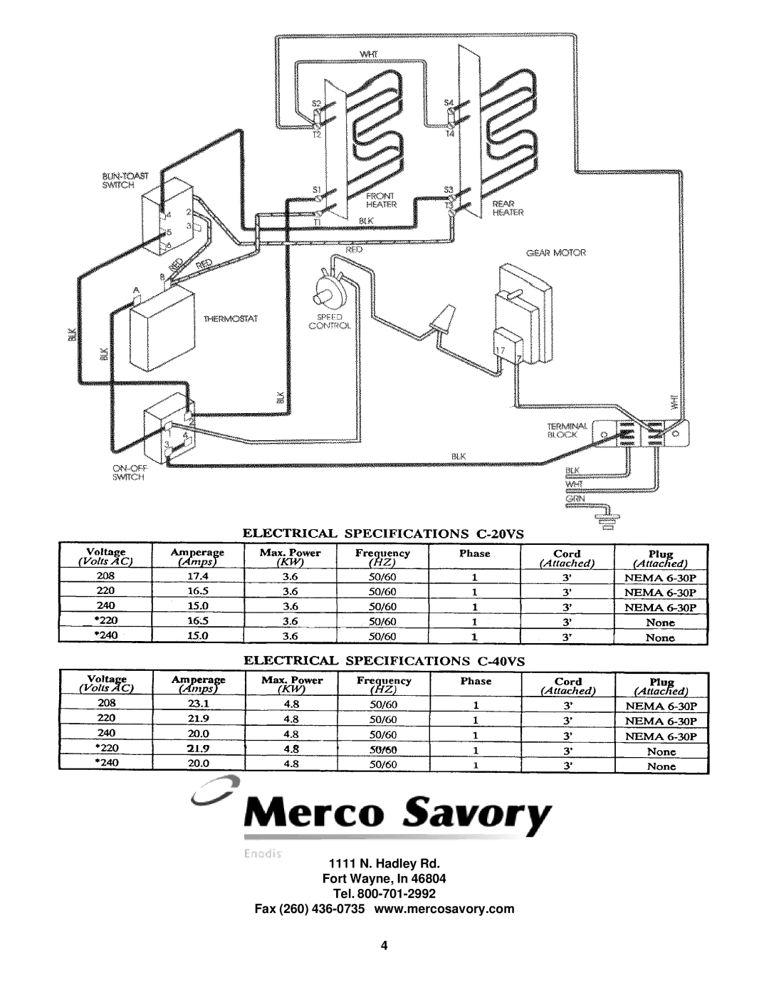 Merco Savory C-40VS, C-20VS operation manual 1111 N. Hadley Rd Fort Wayne, Tel 