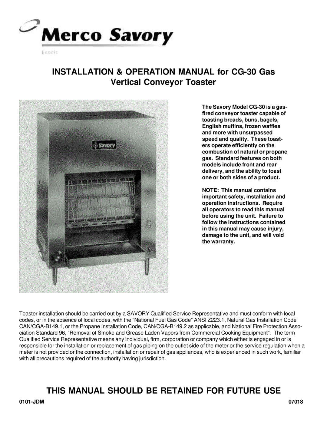 Merco Savory CG-30 operation manual Vertical Conveyor Toaster, This Manual should be Retained for Future USE 