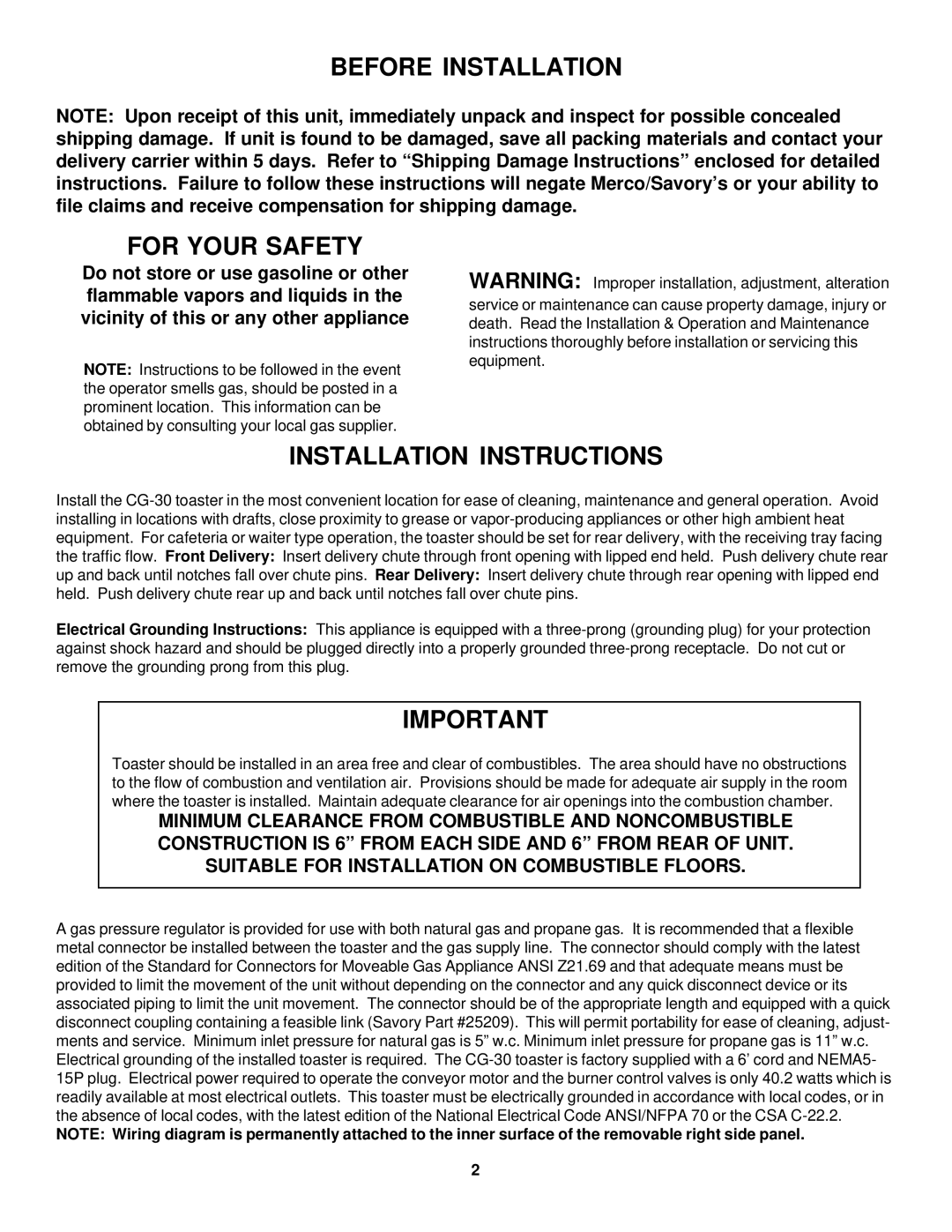 Merco Savory CG-30 operation manual Before Installation For Your Safety, Installation Instructions 