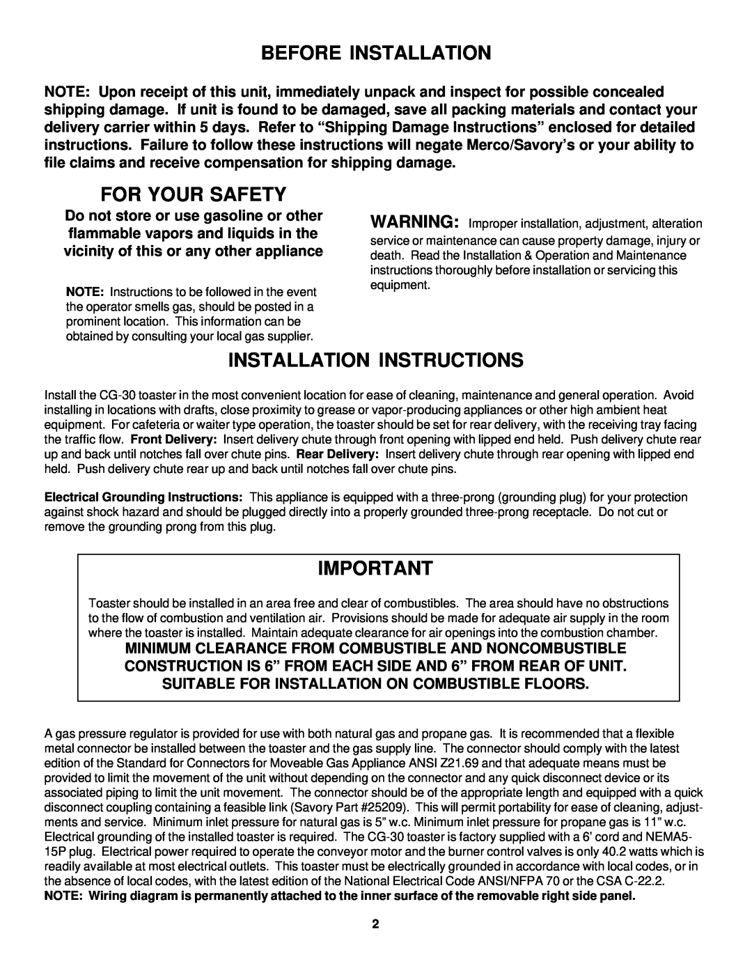 Merco Savory CG-30 operation manual Before Installation, For Your Safety, Installation Instructions 