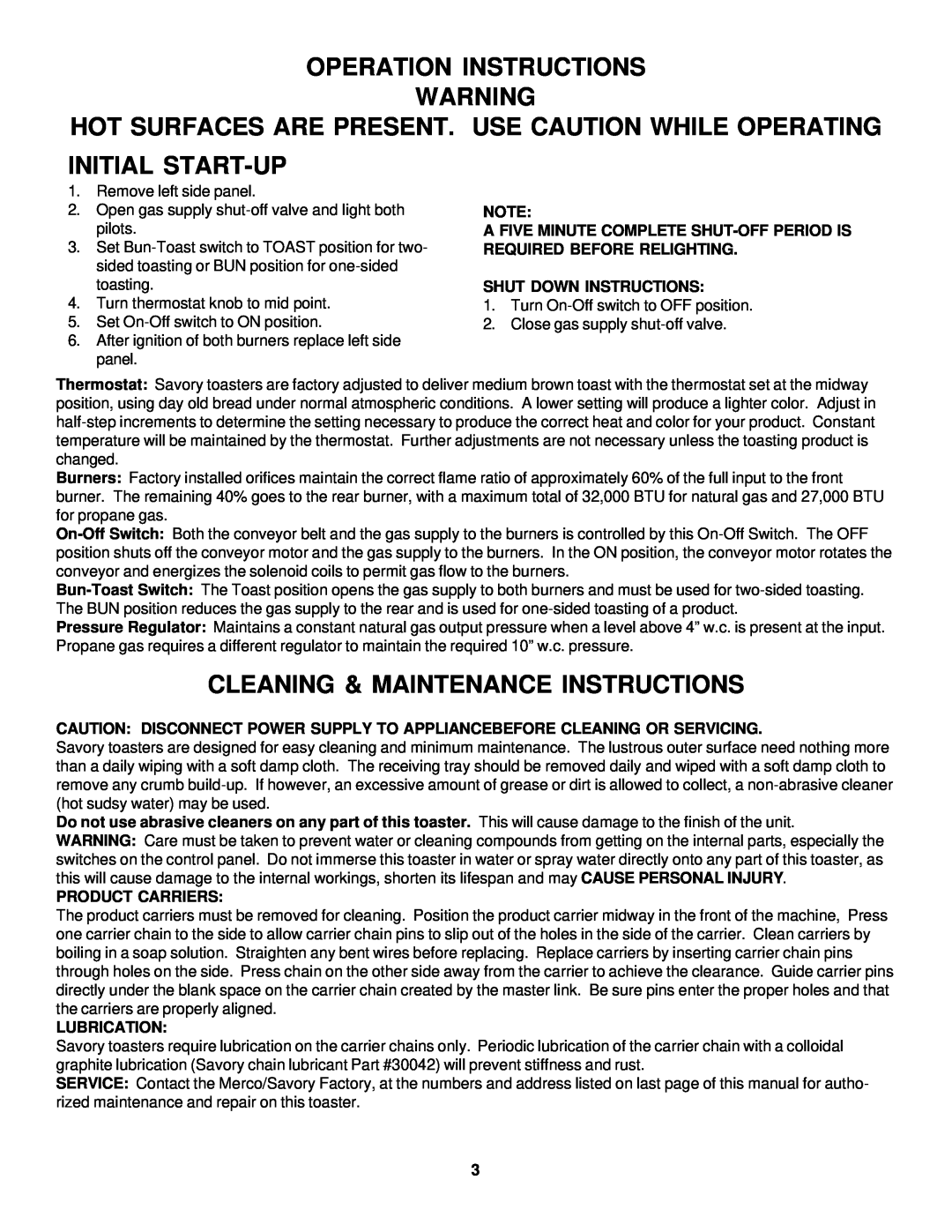 Merco Savory CG-30 Operation Instructions, Initial Start-Up, Cleaning & Maintenance Instructions, Shut Down Instructions 