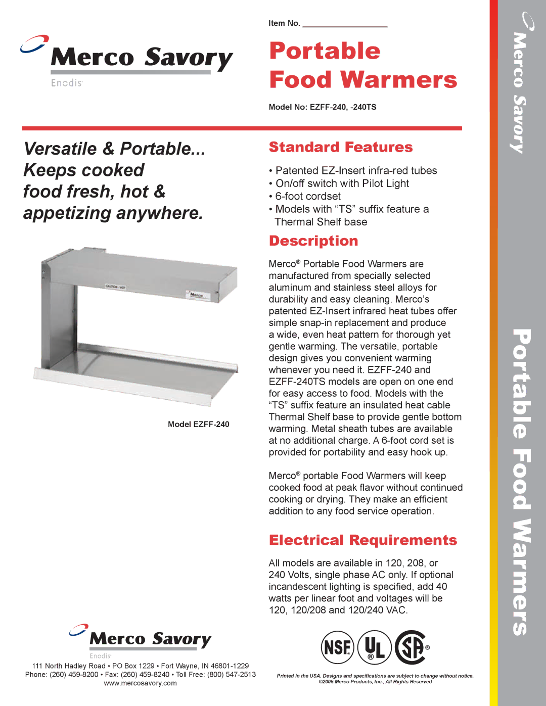 Merco Savory EZFF-240TS manual Standard Features, Description, Electrical Requirements 