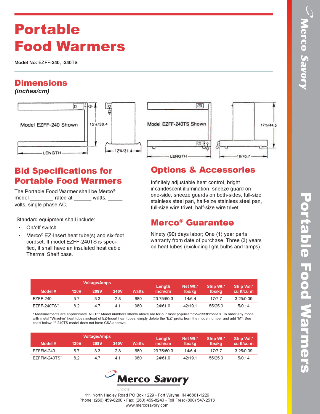 Merco Savory EZFF-240 Dimensions, Bid Specifications for Portable Food Warmers, Options & Accessories, Merco Guarantee 