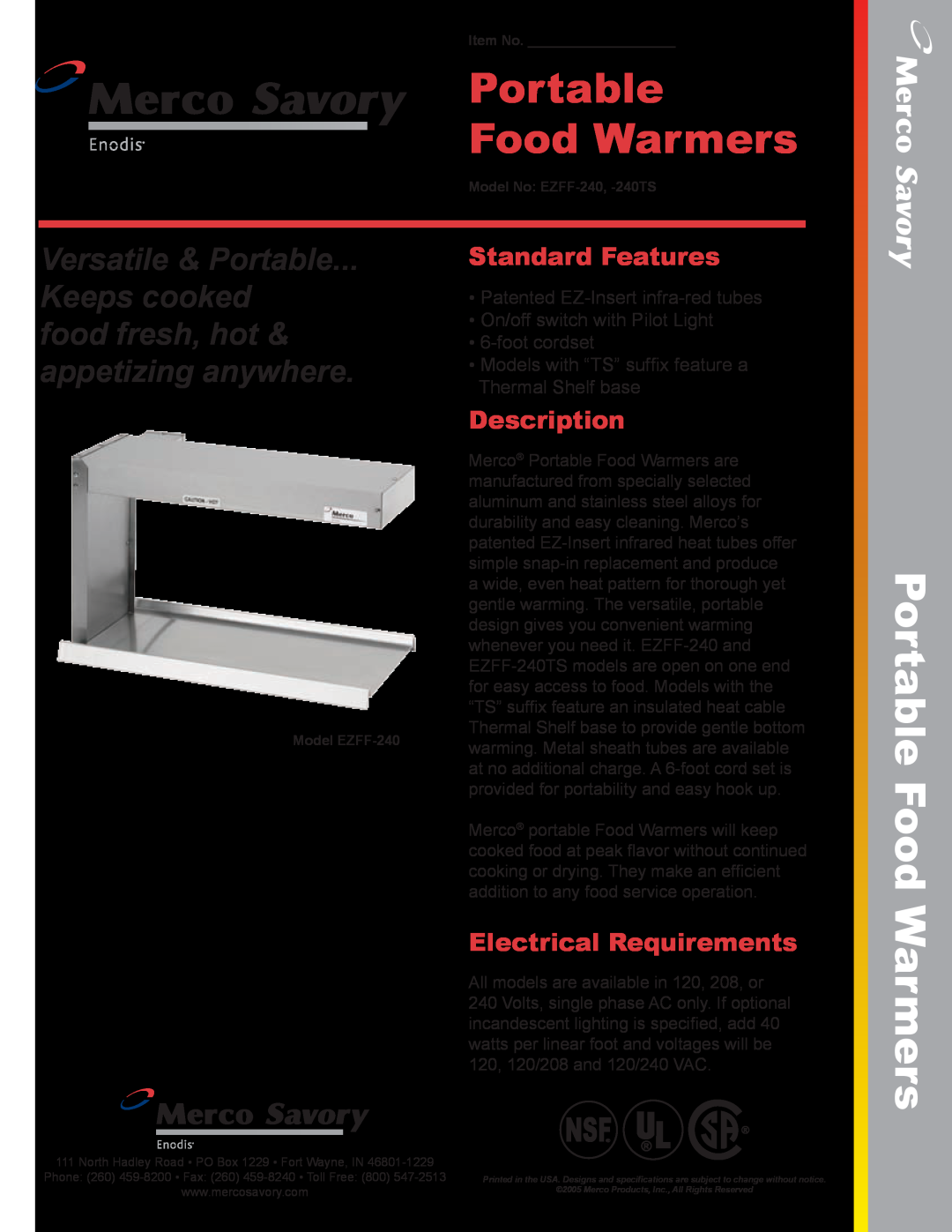 Merco Savory EZFF-240TS manual Portable Food Warmers, Standard Features, Description, Electrical Requirements 