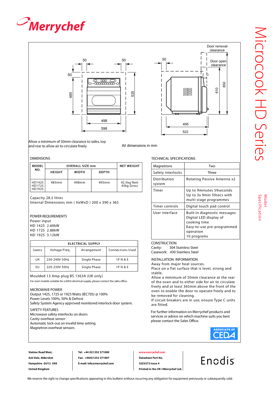 Merco Savory HD Series Dimensions, Power Requirements, Technical Specifications, Microwave Power, Safety Features 