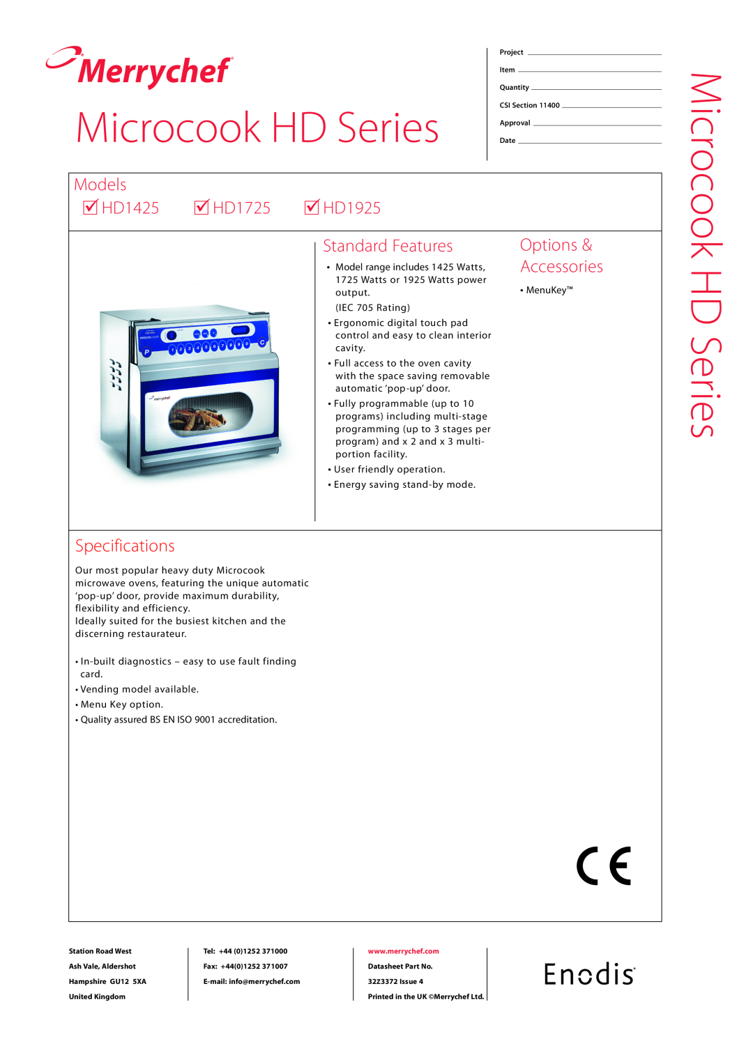 Merco Savory specifications Microcook HD Series, Merrychef, Models, HD1425, HD1725, HD1925, Standard Features, Options 