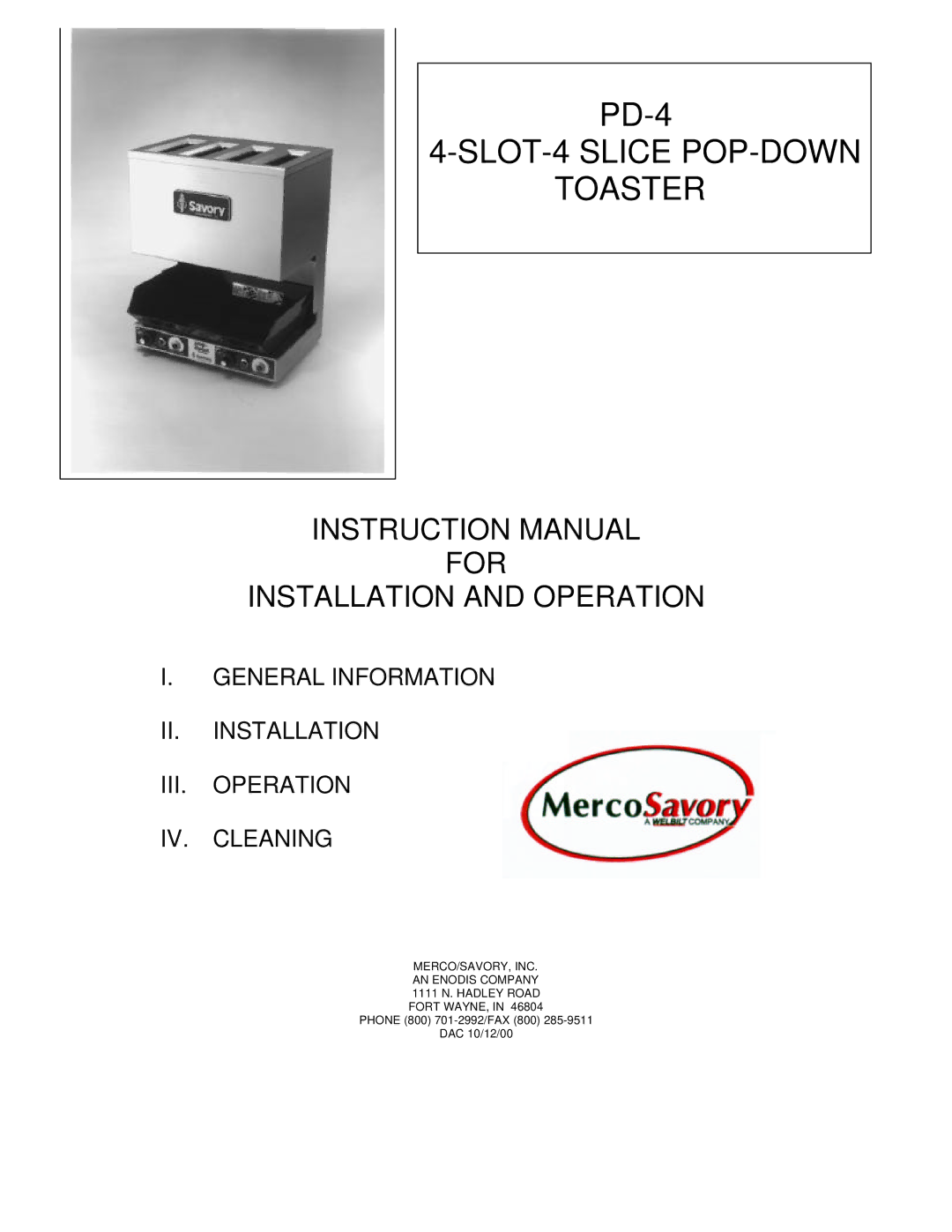 Merco Savory PD-4 instruction manual 