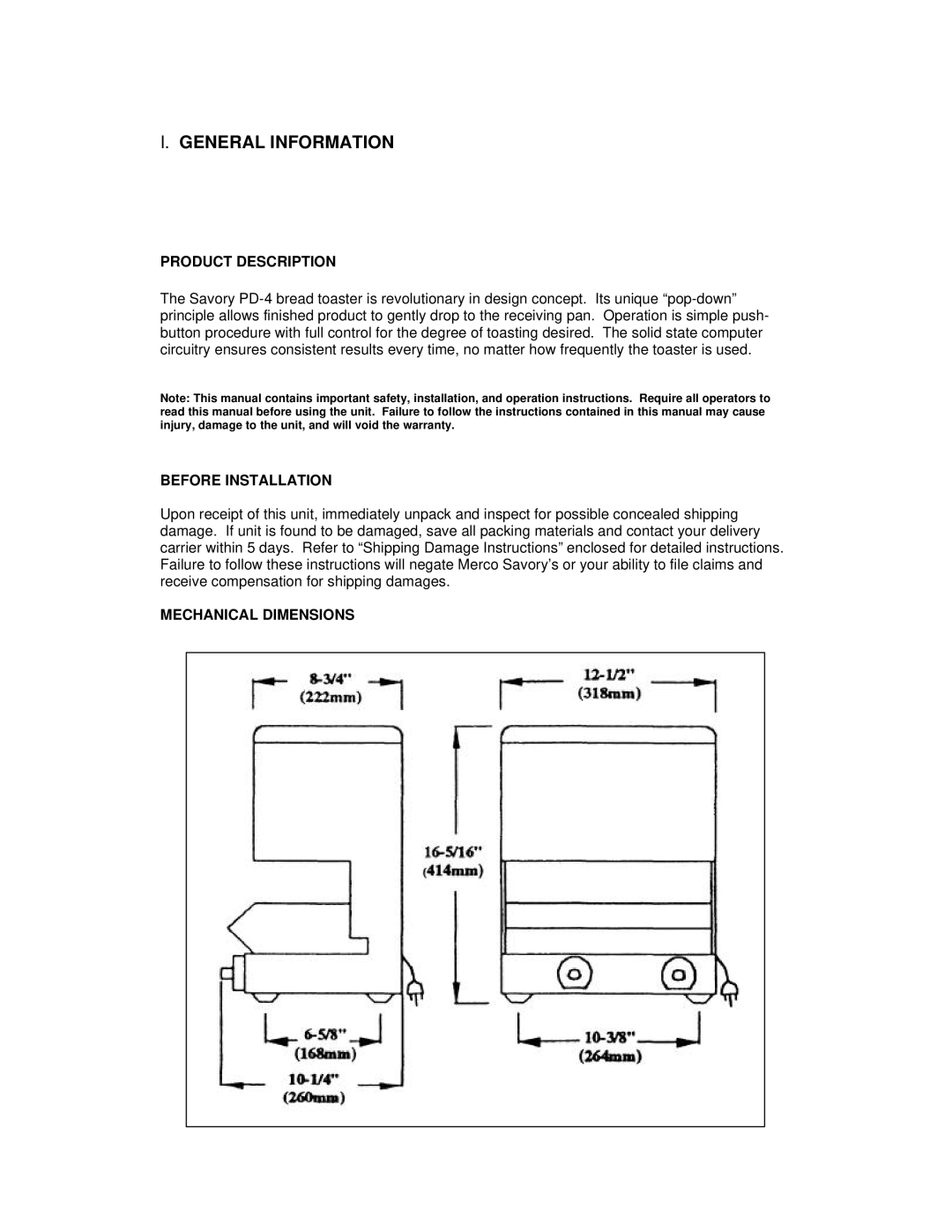 Merco Savory PD-4 instruction manual General Information, Product Description, Before Installation, Mechanical Dimensions 