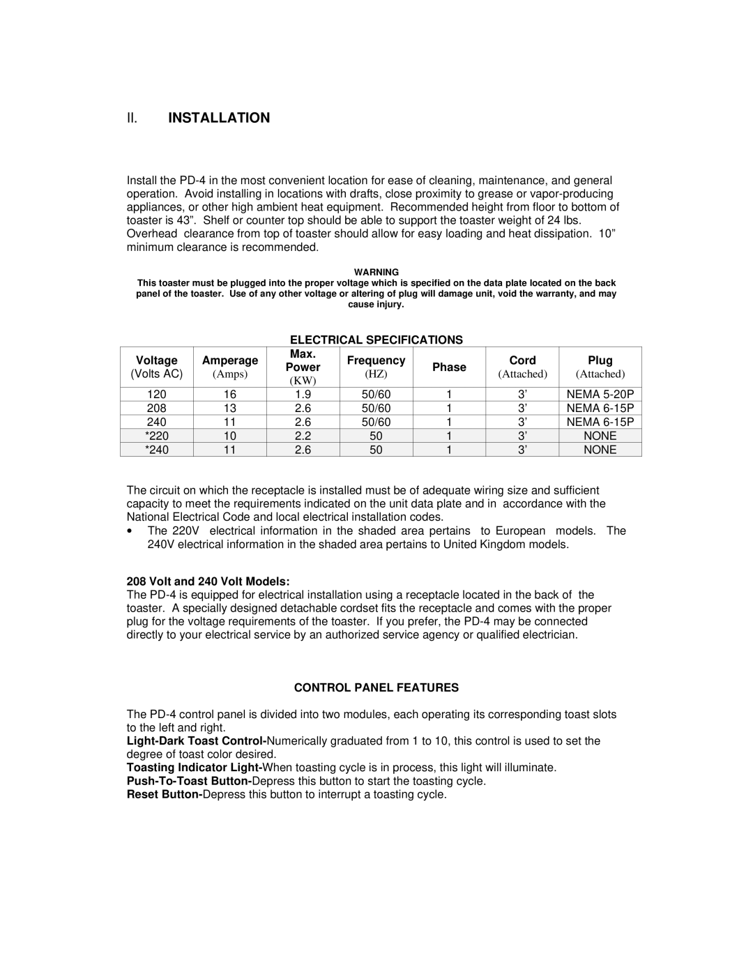 Merco Savory PD-4 instruction manual II. Installation, Electrical Specifications, Control Panel Features 