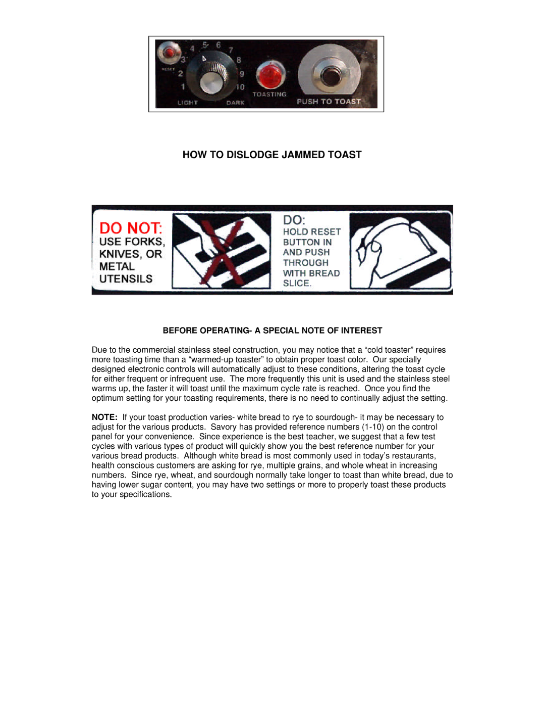 Merco Savory PD-4 instruction manual HOW to Dislodge Jammed Toast, Before OPERATING- a Special Note of Interest 