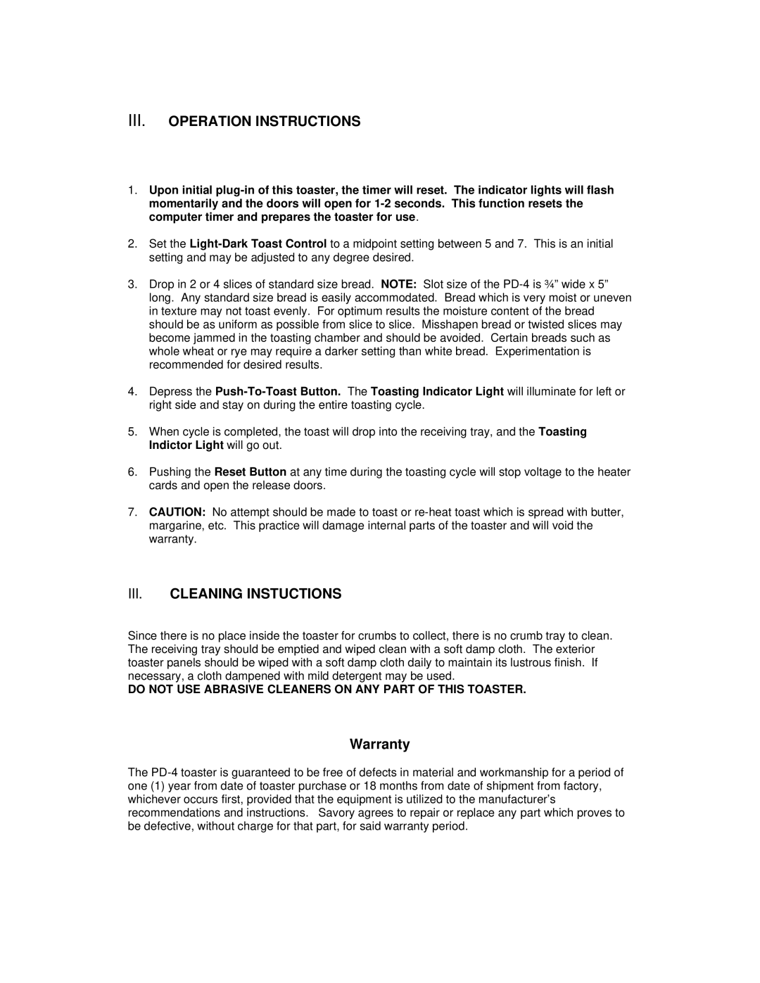 Merco Savory PD-4 instruction manual III. Operation Instructions, III. Cleaning Instuctions 