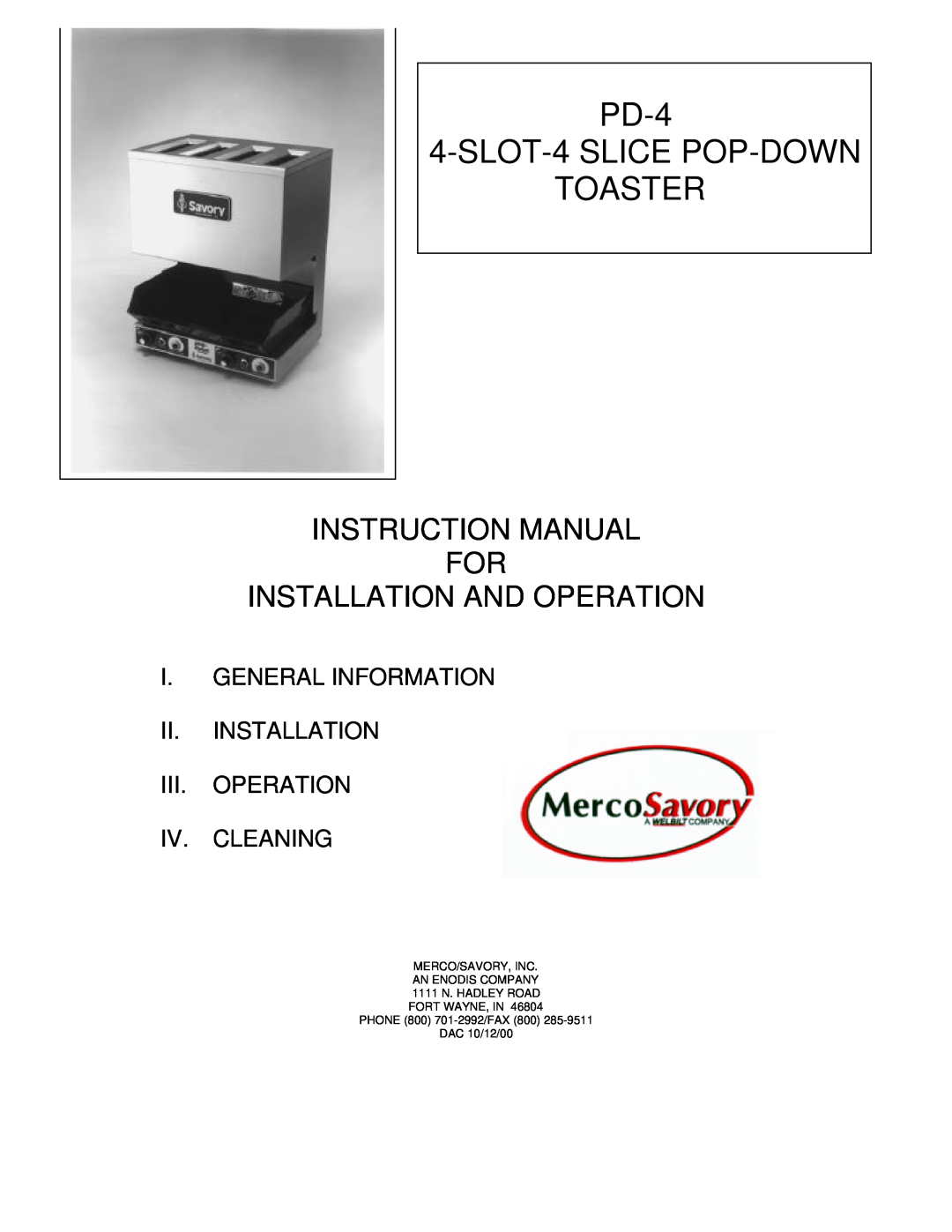 Merco Savory PD-4 instruction manual SLOT-4SLICE POP-DOWNTOASTER, I.General Information Ii.Installation 