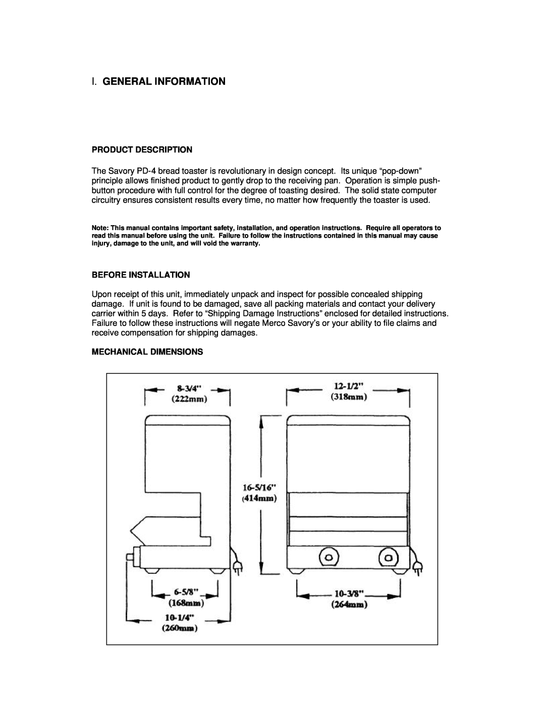 Merco Savory PD-4 instruction manual I.General Information, Product Description, Before Installation, Mechanical Dimensions 