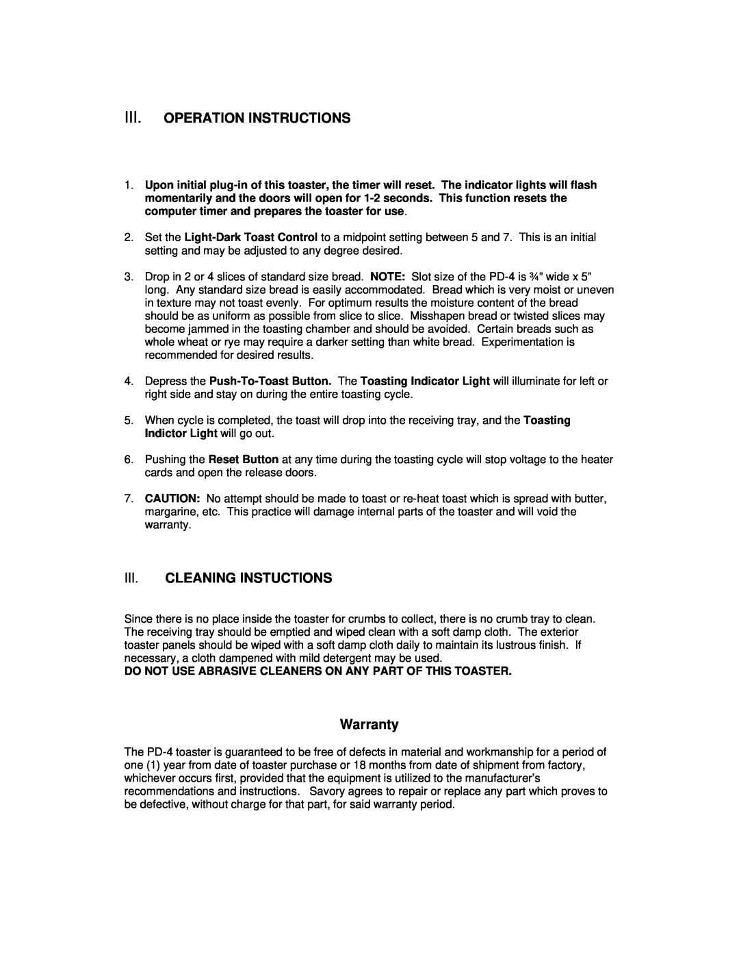 Merco Savory PD-4 instruction manual Iii.Operation Instructions, Iii.Cleaning Instuctions, Warranty 
