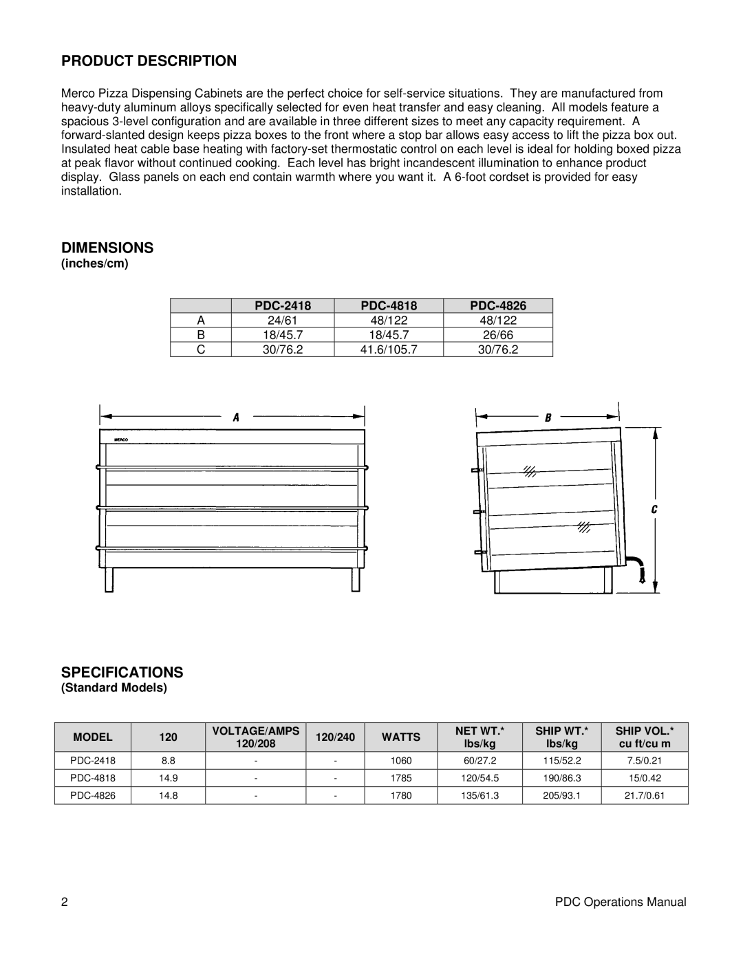 Merco Savory PDC-4826, PDC-2418, PDC-4818 operating instructions Product Description, Dimensions, Specifications 