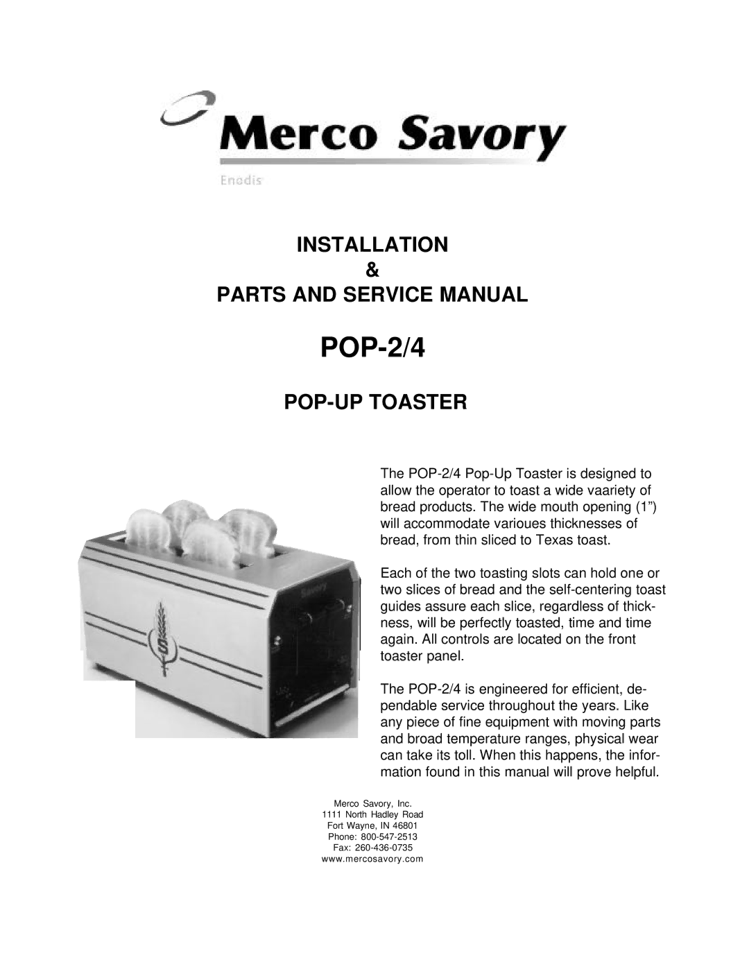 Merco Savory POP-2/4 service manual 