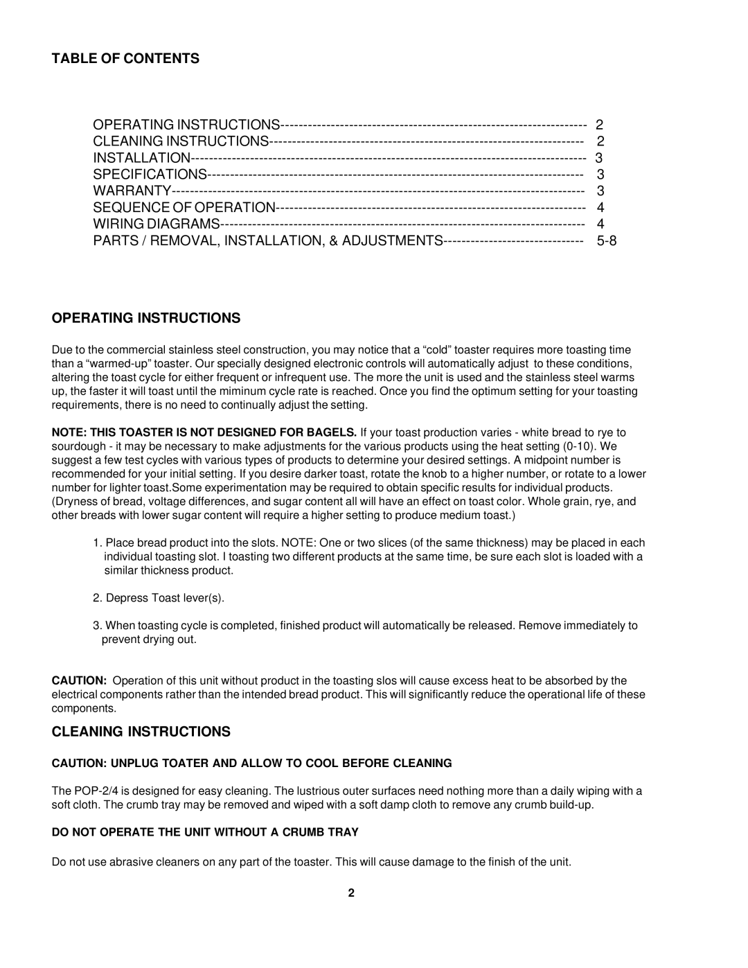 Merco Savory POP-2/4 service manual Table of Contents, Operating Instructions, Cleaning Instructions 