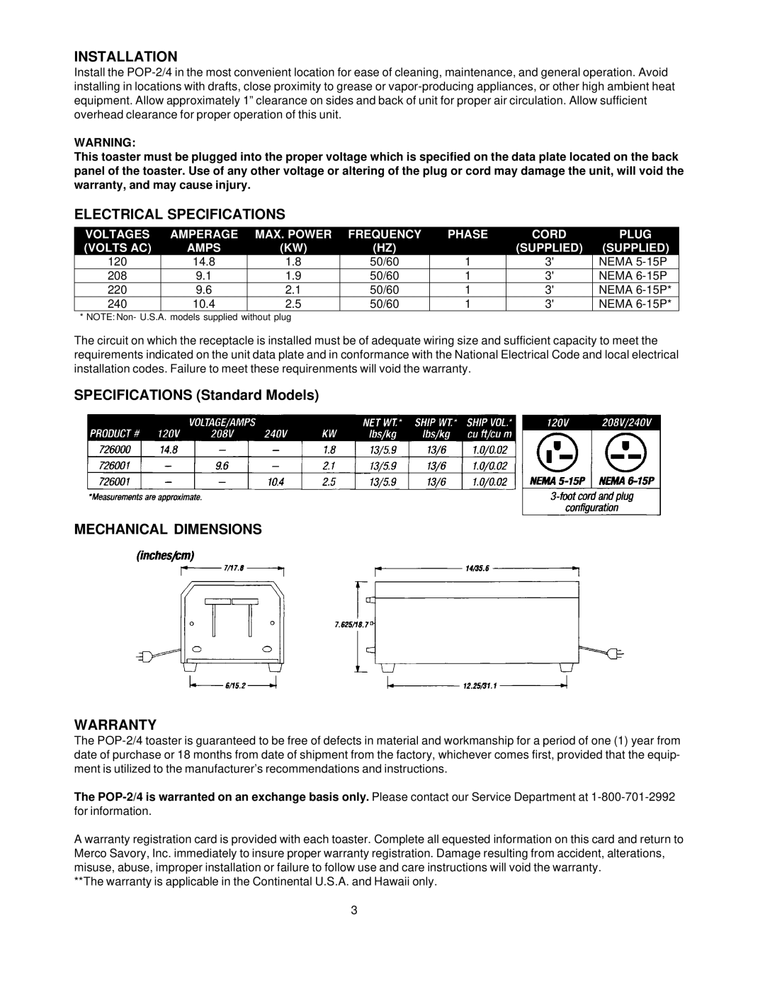 Merco Savory POP-2/4 service manual Installation, Electrical Specifications, Mechanical Dimensions Warranty 