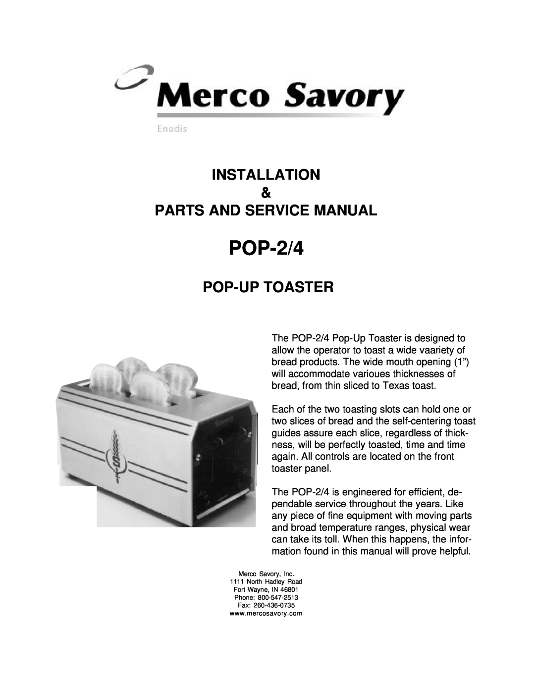 Merco Savory POP-2/4 service manual Pop-Uptoaster 