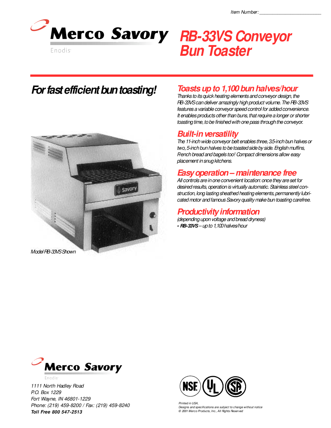 Merco Savory RB-33VS specifications Bun Toaster, Built-in versatility, Productivity information 