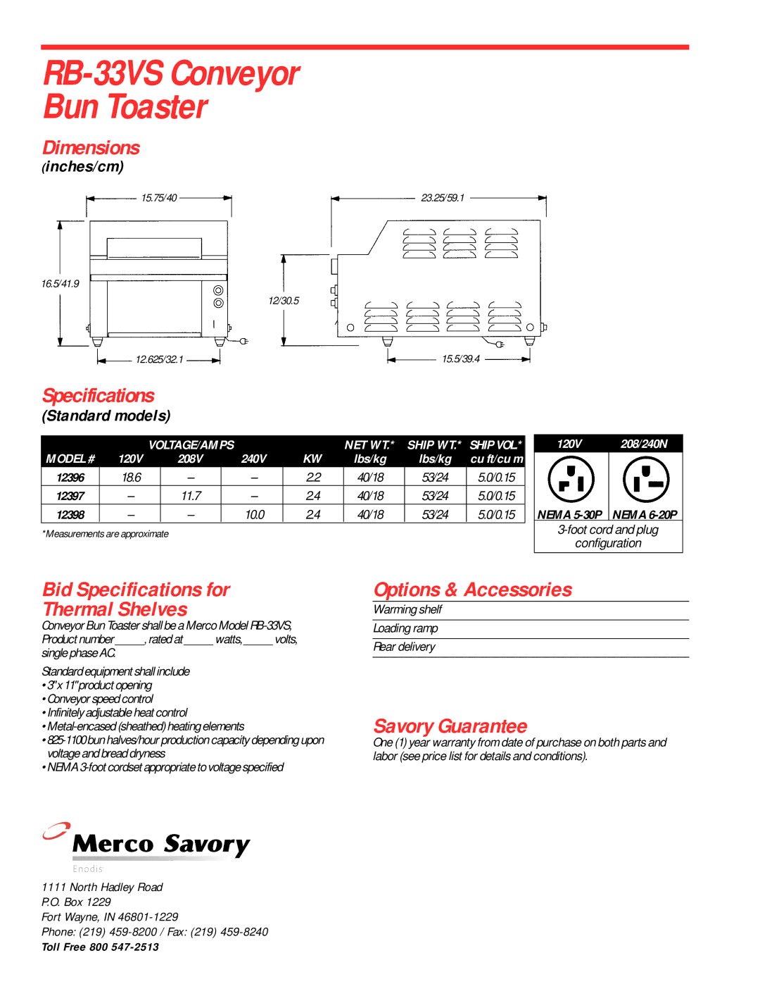 Merco Savory specifications RB-33VS Conveyor Bun Toaster 