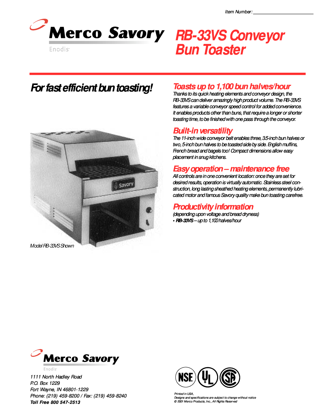 Merco Savory specifications Bun Toaster, Built-inversatility, Productivity information, RB-33VSConveyor, Item Number 