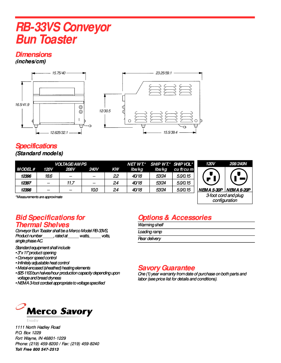 Merco Savory RB-33VSConveyor Bun Toaster, Dimensions, Bid Specifications for Thermal Shelves, Options & Accessories 