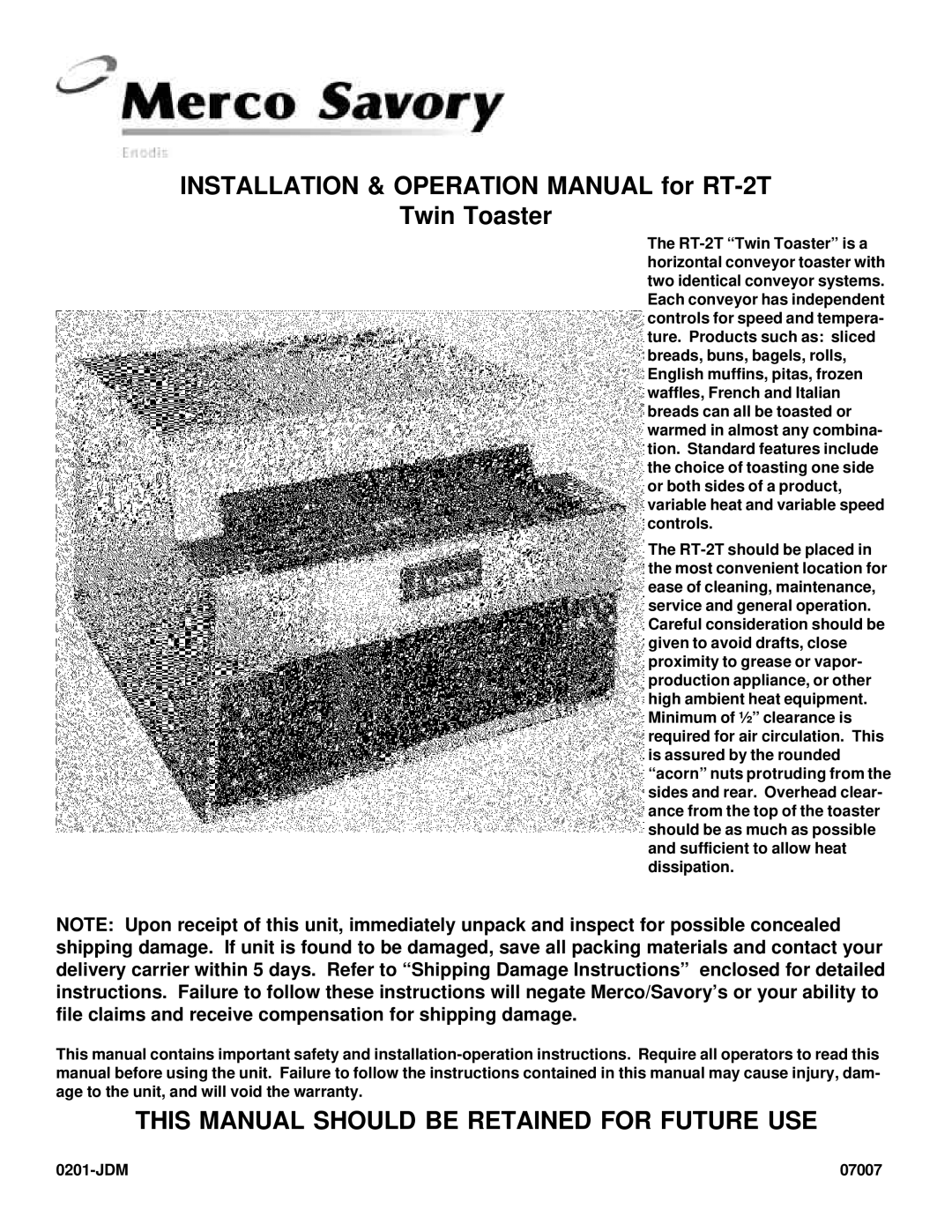 Merco Savory RT-2T operation manual This Manual should be Retained for Future USE 