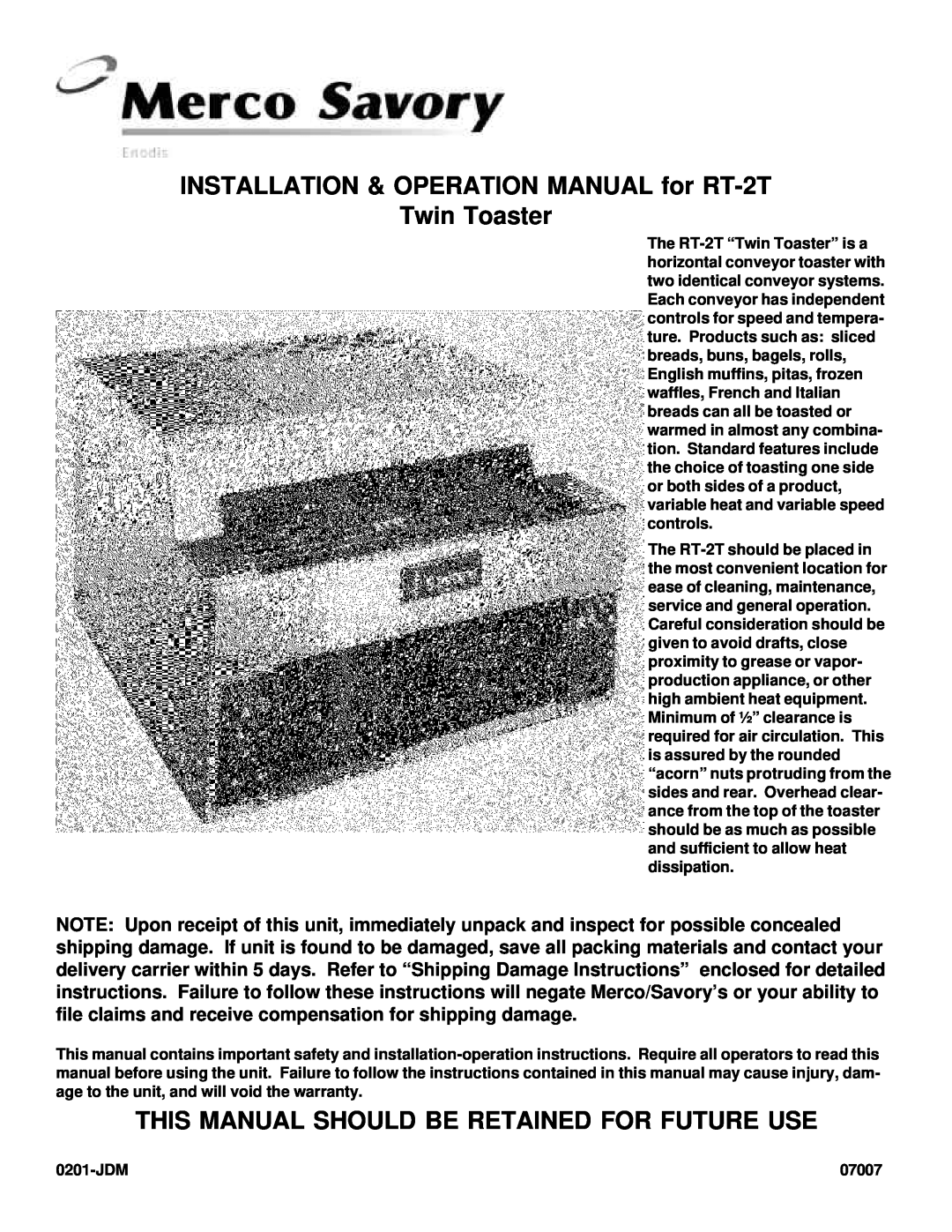 Merco Savory RT-2T operation manual This Manual Should Be Retained For Future Use, 0201-JDM, 07007 